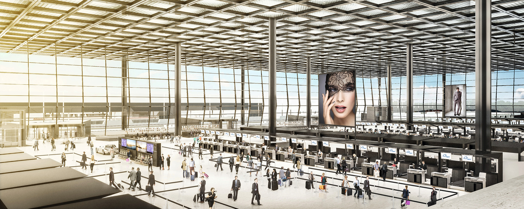 Check-in area at Frankfurt Airport’s new Terminal 3 where WSCAD’s software platform is being used to plan the building automation system. [Source: Fraport AG]