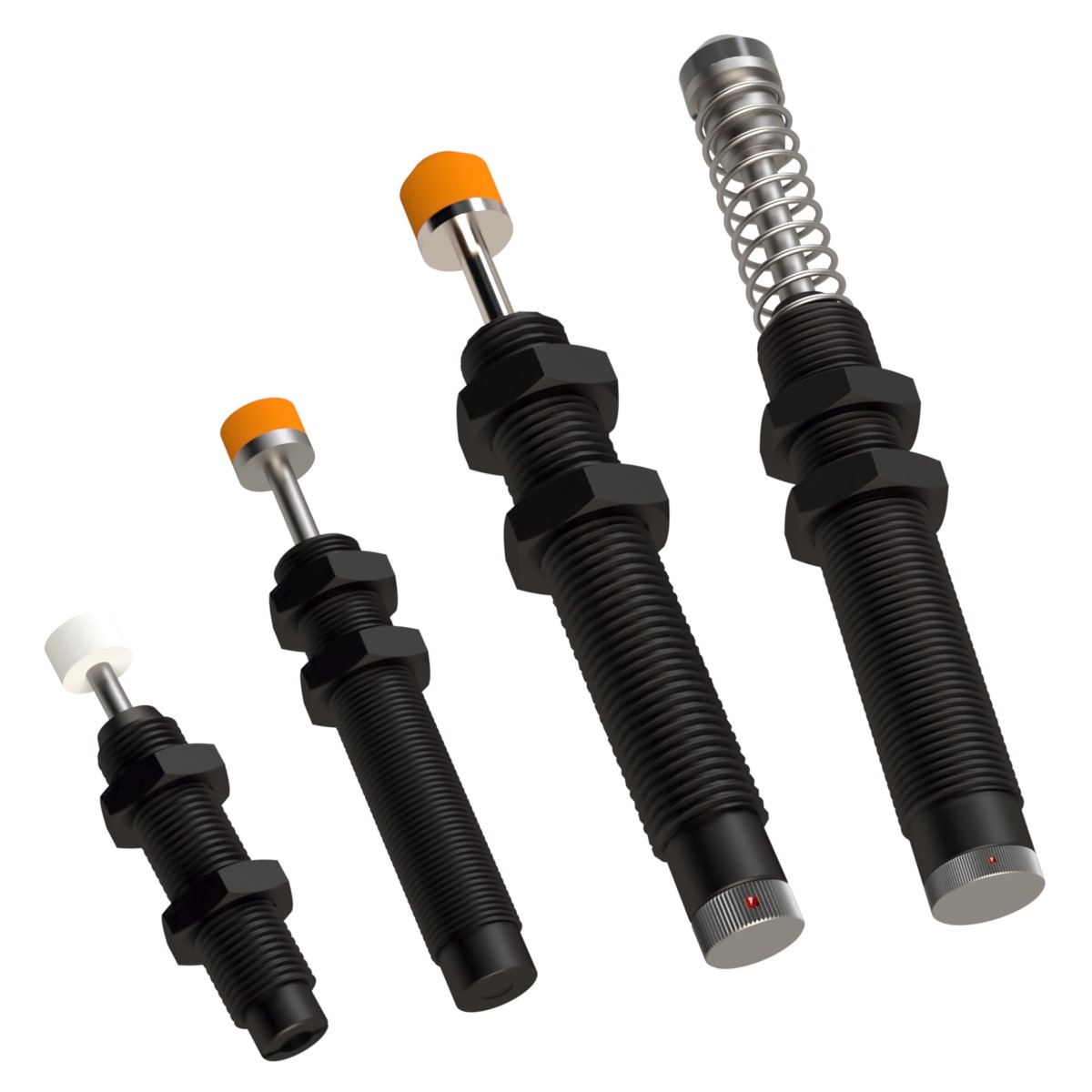 Industrial shock absorbers work by driving a piston into an oil-filled chamber and forcing the oil out through a relatively small orifice to provide a cushioning effect.