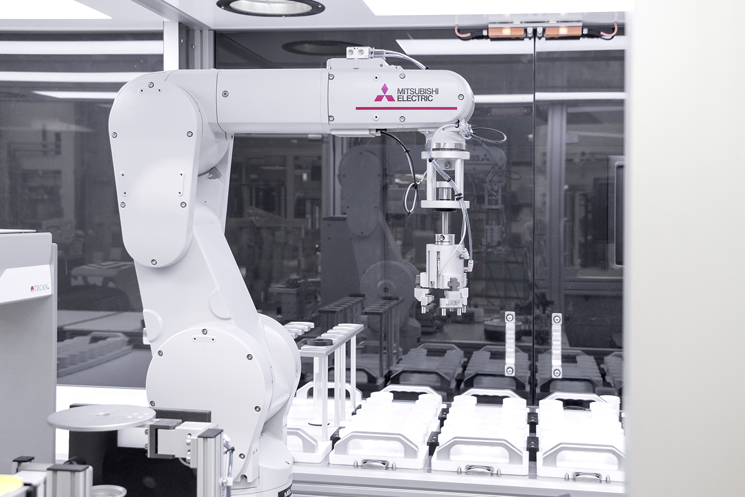 The innovative formulation system is built around two MELFA RV series six-axis robots that support processing, dispensing and handling activities for a wide range of materials. [Source: Labman Automation Ltd]