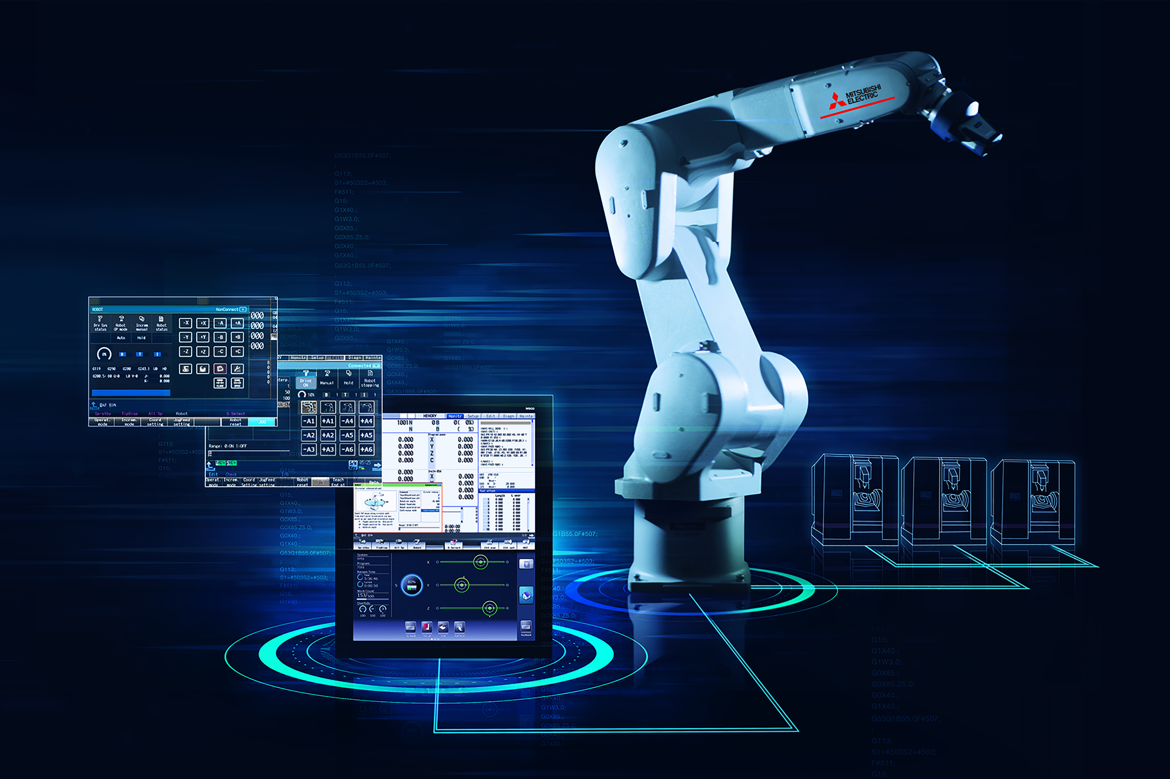 With Mitsubishi Electric’s Direct Robot Control, a robot can be programmed using G-Code in the CNC machining centre itself.