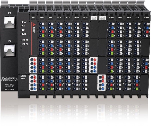 The Mitsubishi Electric I/O module pictured offers vibration resistance of 5 Hz ≤ f ≤ 8.4 Hz: 3.5-mm amplitude as per IEC 60068-2-6, 8.4 Hz ≤ f ≤ 150 Hz: 1 g acceleration as per IEC 60068-2-6 [Source: Mitsubishi Electric Europe B.V.]