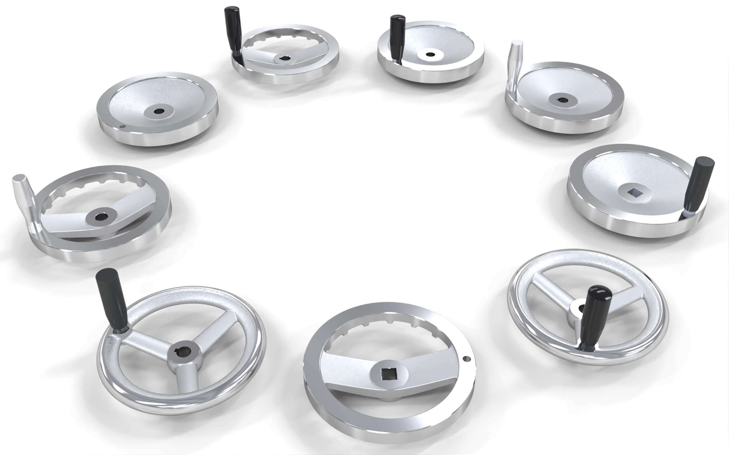 Three spoke aluminium handwheel range with solid wheel and a two spoke design from WDS Components Ltd.
