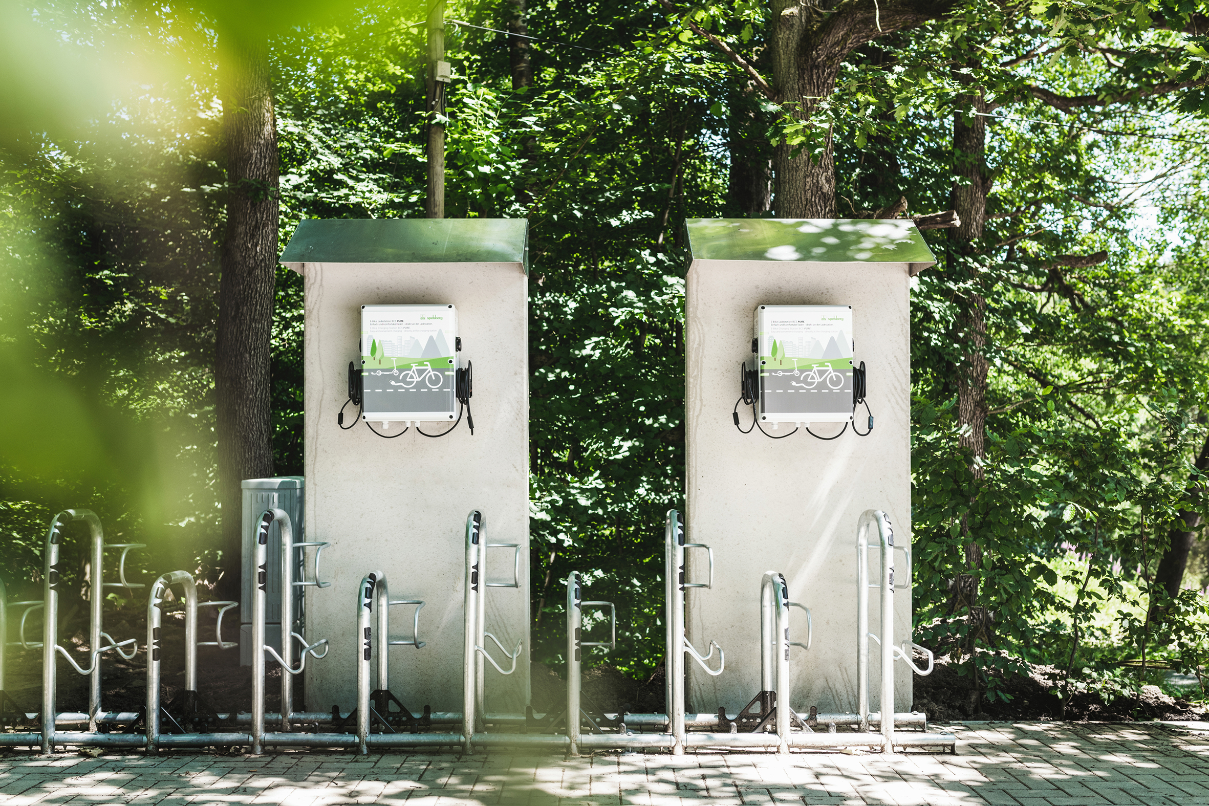 Spelsberg e-bike charging station, encased in a durable enclosure that prevents ingress from dust and water.