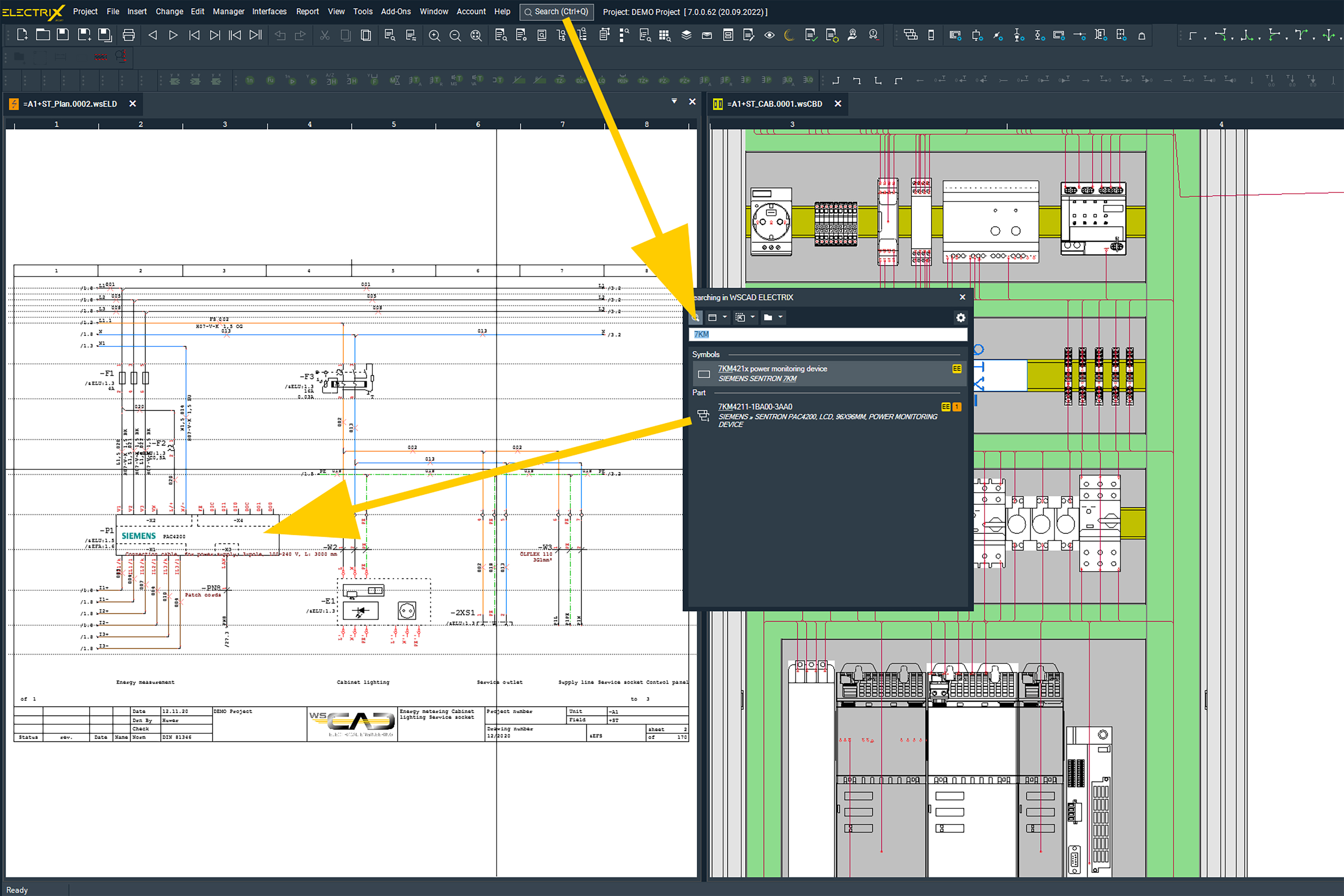 Quick and easy: in WSCAD ELECTRIX, electrical designers can search for components using the new quick search function Search & Click and insert them directly into design documents – without the need for selection via the menu bar.