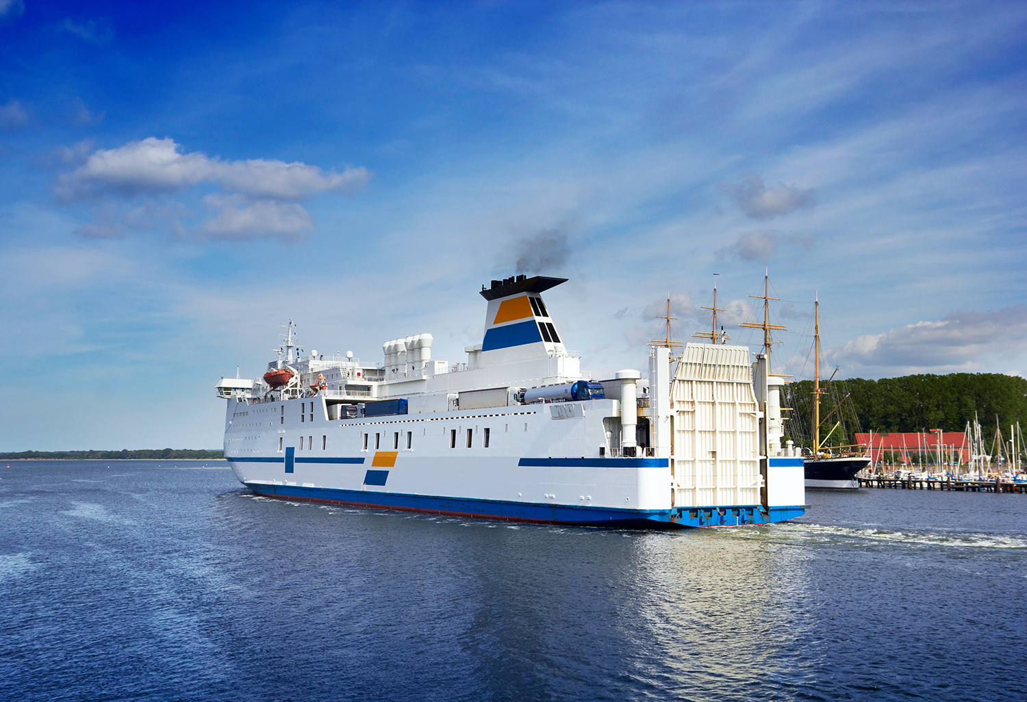 Large ferries commonly use a dual diesel-powered propeller shaft propulsion, with four diesel engines driving two propeller shafts. (Image Source: AdobeStock_133706927).