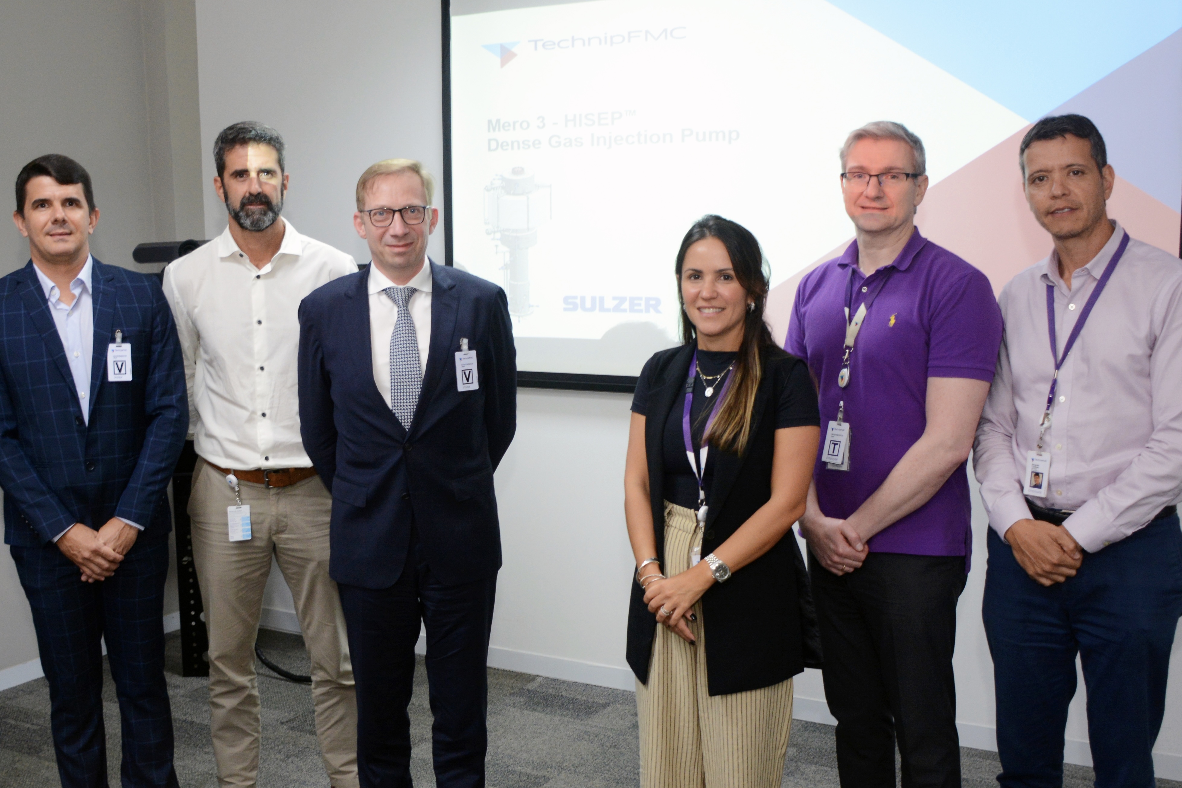 Jonathan Lloyd: Head of the Flow Equipment Energy and Infrastructure Business Unit at Sulzer (middle) and Bruno Hass Antoniassi: Sr. Sales Manager, Brazil and Mercosur at Sulzer (left) meet with key TechnipFMC stakeholders.