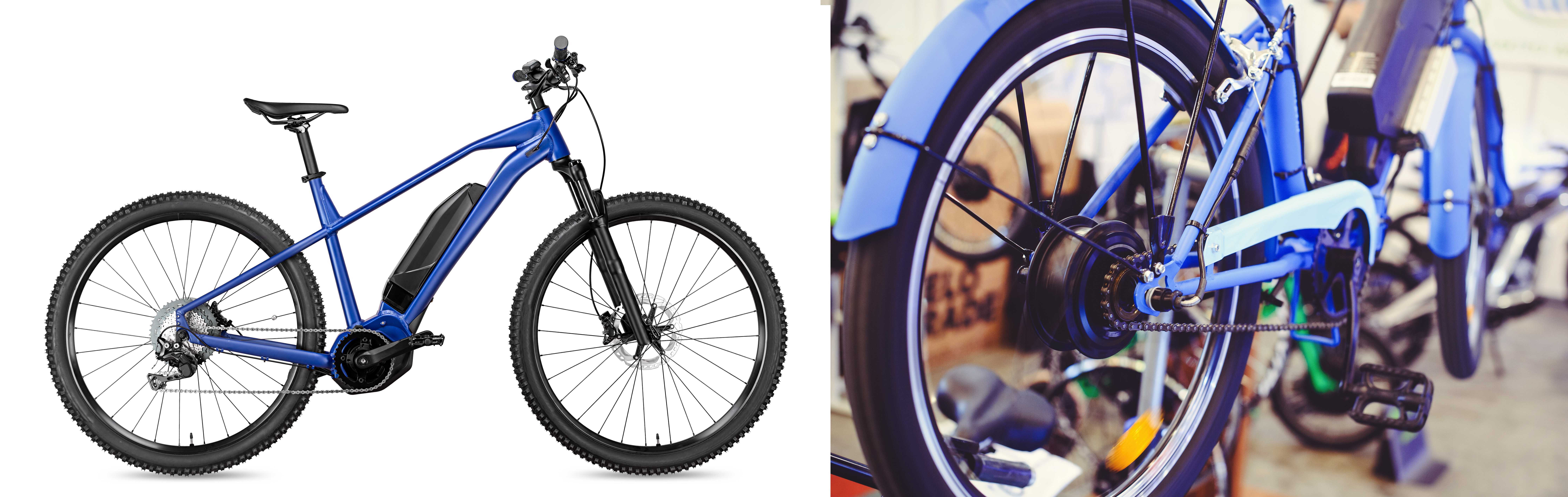 Figure 2: Mid-drive motor at center of bicycle (left); hub motor in rear wheel of bicycle (right)