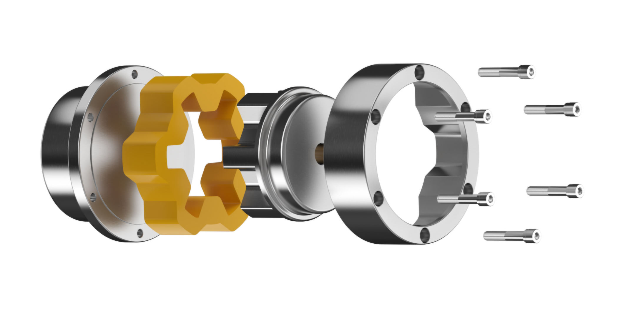 T-Series close coupled couplings consist of four parts. The ring hub, flex hub, insert, and drive ring. The ring hub and flex hub are installed on the shafts with the drive ring fitting over the flex hub.